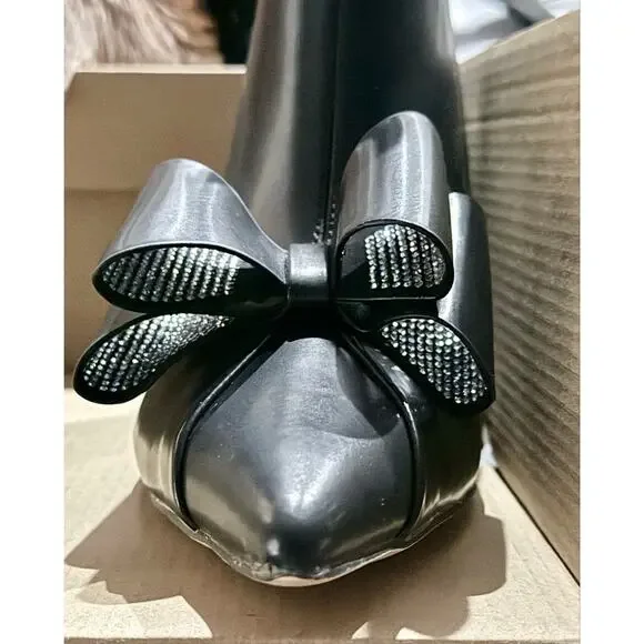 Coutgo Black Rhinestone Bow Kitten Heel Ankle Boots Size 8.5 NIB