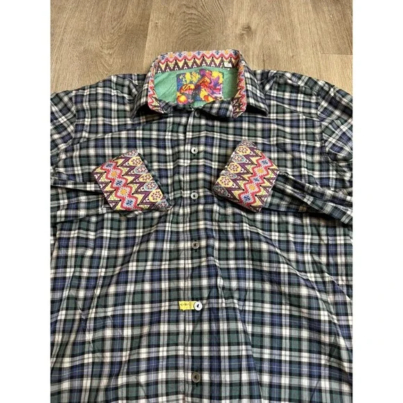 Robert Graham Men's Plaid Button Down Shirt Colorful‎ Accents Large Flip Cuff