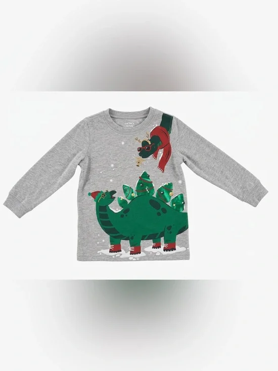 Carter's Toddler 2T Christmas Dinosaur Long Sleeve Shirt Gray Like New