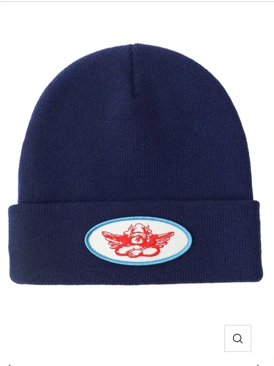 Boys Lie Navy Blue & Red Patch Angel Beanie Hat Womens One Size Fits All NWT