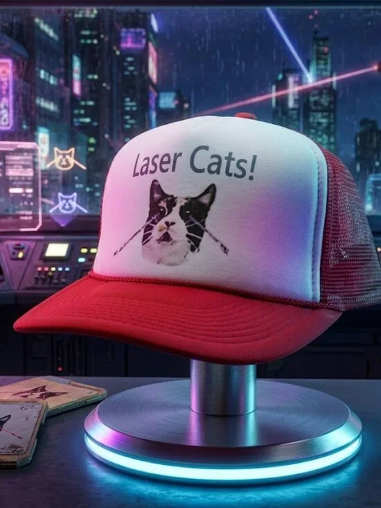 Retro Laser Cats Foam Trucker Hat Red White Rope SNL Comedy Snapback Cap New