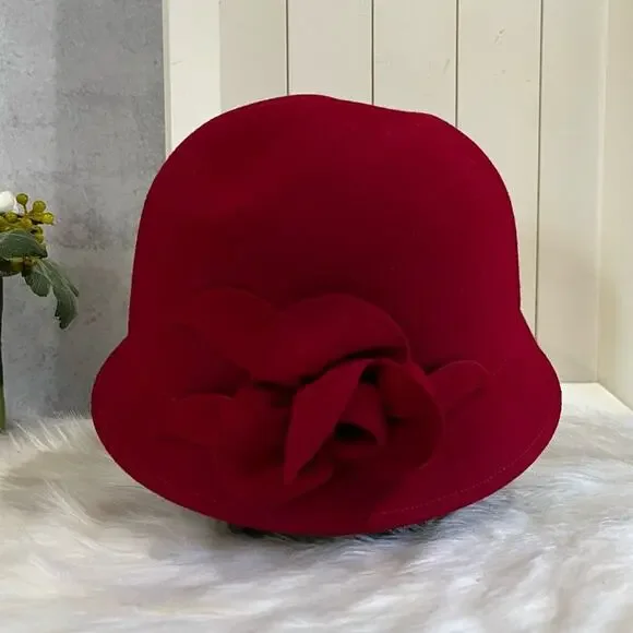 NEW Charter Club Wool Gatsby Cloche Bucket 1920’s Rose Winter Hat Red OS NWT