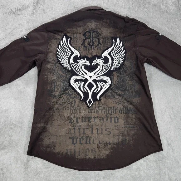 Roar Shirt Mens Large Brown Gothic Wings Cross Long Sleeve Button Up Embroidered