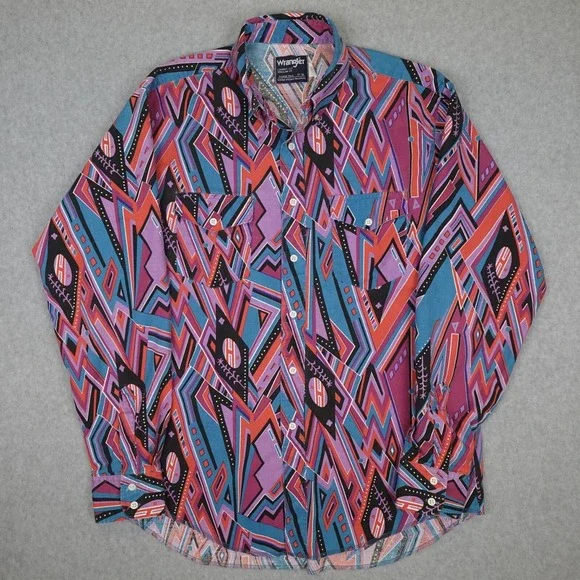 Vintage Wrangler Shirt Mens 17-36 Cowboy Western X Long Tail Brushpopper Native