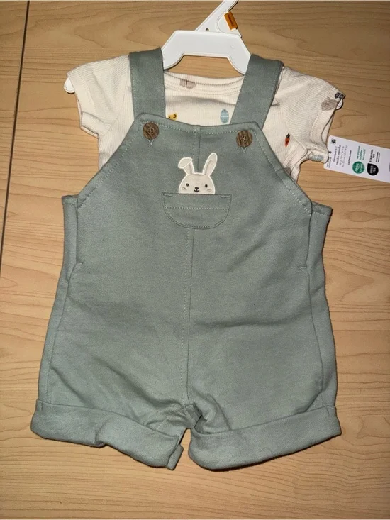 Baby Bunny Appliqué Short Overalls - Sage Green