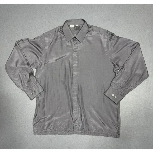 Vintage Bocci Silk Shirt Mens Large 16.5 Gray Silver Metallic Long Sleeve