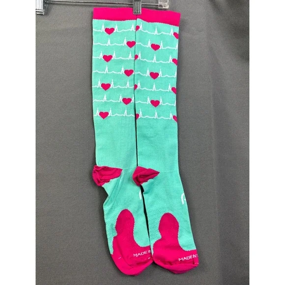 2 pairs Teal Pink EKG Heartbeat Compression Socks Knee High LG/XL Made in USA‎