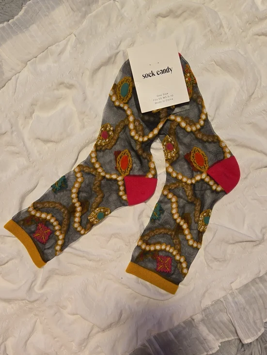 Sock Candy Women’s Pearls & Jewels Black Sheer Print  Socks with Pink Heel