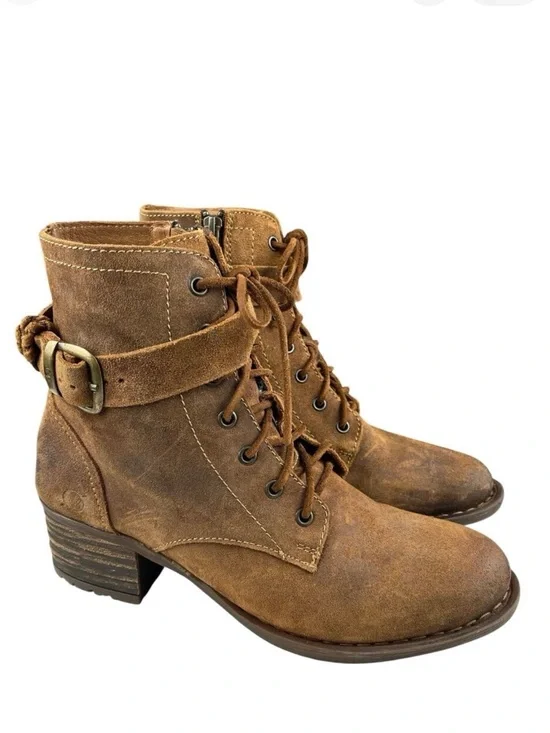 Born Women's Boots 10 Brown Distressed‎ Leather Lace‑Up Block Heel Buckle Strap