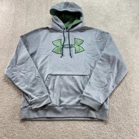 Under Armour Hoodie Mens Medium Gray Green Logo Pullover‎ Fleece Sweatshirt