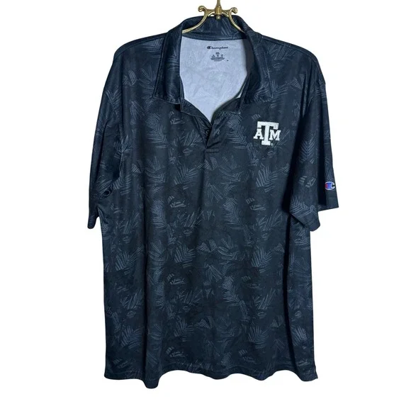 Champion Texas A&M Aggies Mens 2XL‎ Black Tropical Palm Print Polo Shirt NCAA
