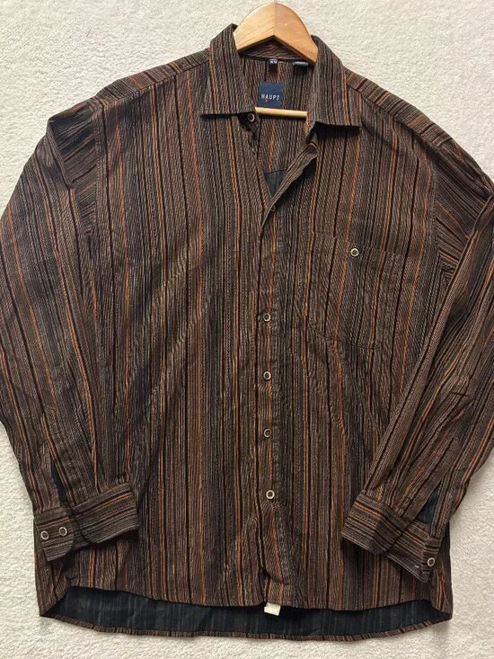 HAUPT of Germany Shirt Mens L 16.5 Brown Orange Stripe Corduroy Button Up Vintag