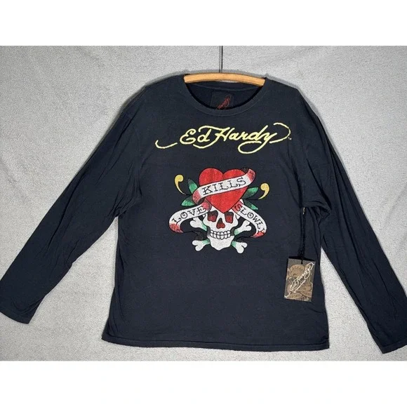 Ed Hardy Love Kills Slowly Long Sleeve Shirt Black Rhinestone Skull XL‎ NWT