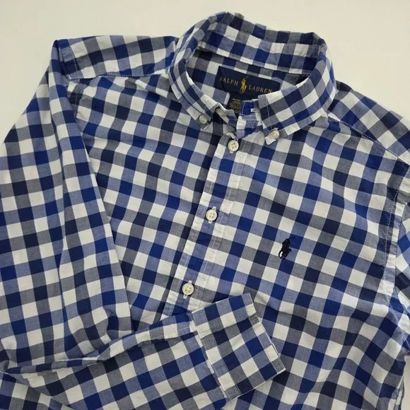 Ralph Lauren Button Down Blue Gingham Plaid Cotton Kids‎ Boys Size M 10-12
