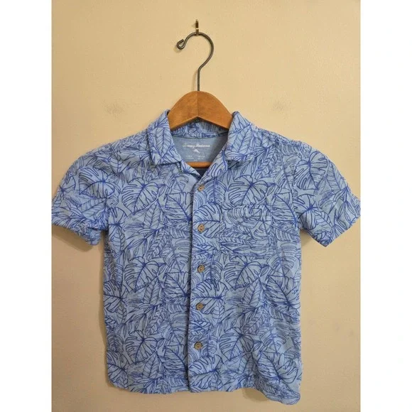 Tommy Bahama Boys Blue Tropical Palm Leaf Print Cotton Button Up Shirt Size 5/6