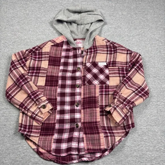 Justice Girls Long Sleeve Pink & Maroon Plaid Flannel Shirt W/Hood Size XS (5/6)