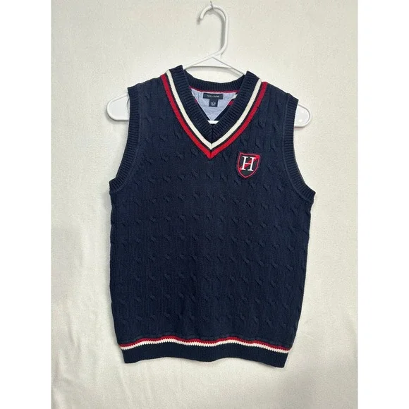 Tommy Hilfiger Boys Navy Cable Knit V-Neck Sweater Vest Striped‎ Trim Sz L 16-18