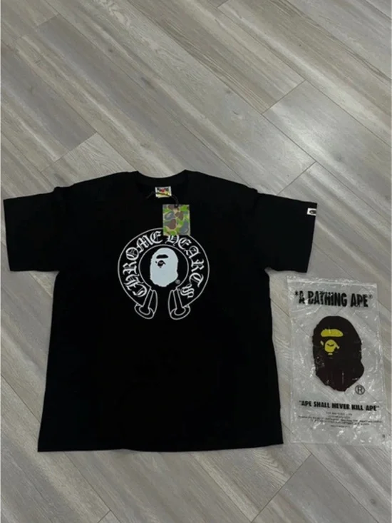 Bape Black Tee with White Ape Crest Graphic