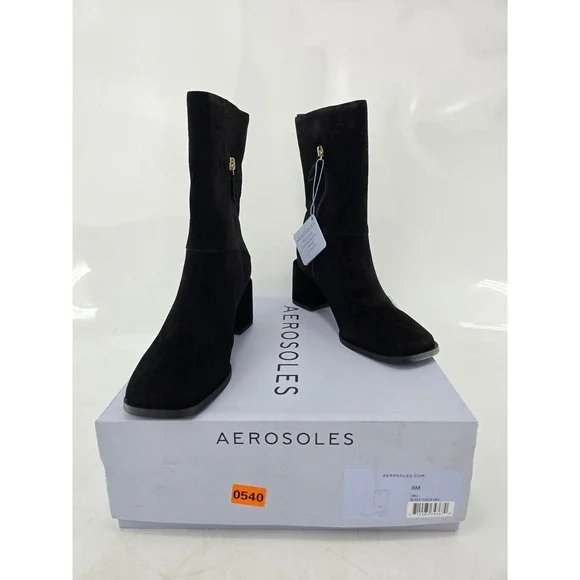 Aerosoles Oro Mid-Calf Boots Womens 8M Black Suede Block Heel -New