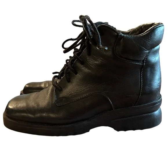 LL Bean Black Leather Lace Up Ankle Boots Square Toe Made‎ in Canada DQM2204 7M
