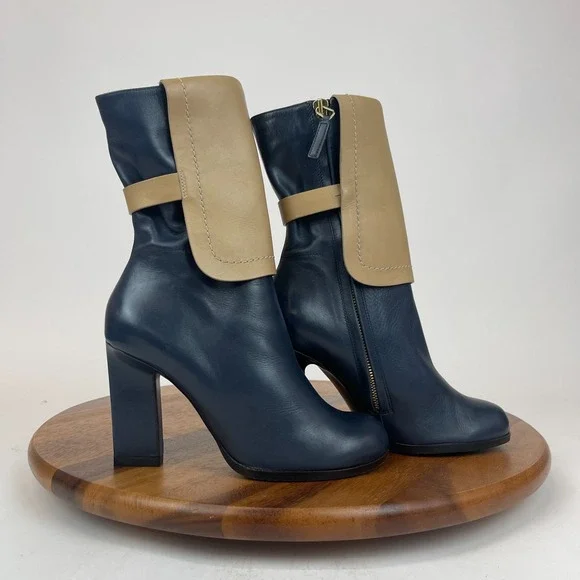 Womens‎ Jil Sander Blue Brown Leather Heeled Ankle Booties Boots Size 35 US 5 M