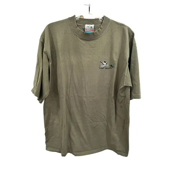 Vtg Camp Snoopy Peanuts T-Shirt Sz XL Green Graphic Short‎ Sleeve embroidered