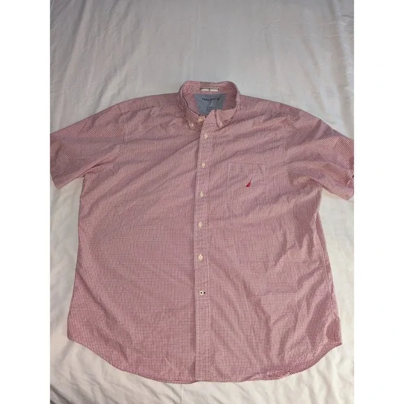 Nautica Mens 2XL Red‎ Plaid 100% Cotton Short Sleeve Casual Button Up Shirt