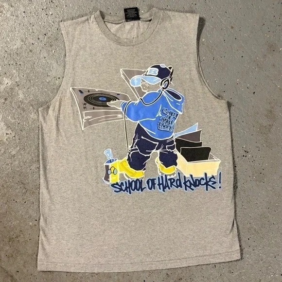 Vintage School of Hard‎ Knocks 90s DJ Graphic Muscle Tee Gray Made in USA Large