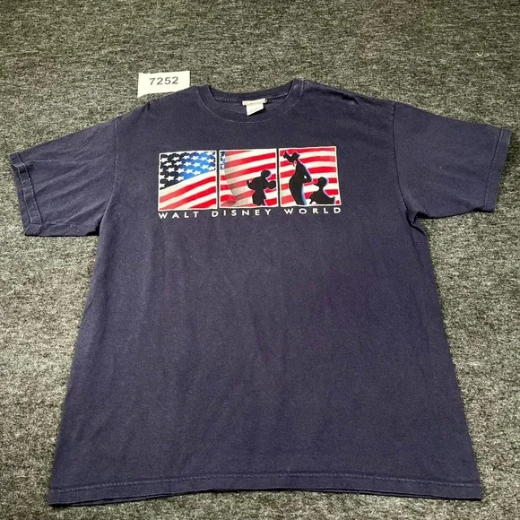 Disney T Shirt Men XL Navy Blue Cotton Crew Neck Mickey Mouse Patriotic USA Flag