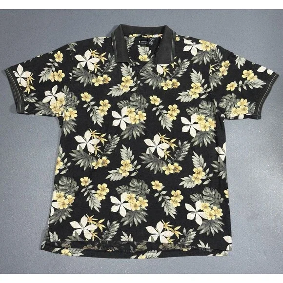Arrow USA 1851 Golf Polo Shirt Mens XL Black Floral Hawaiian Rayon Blend