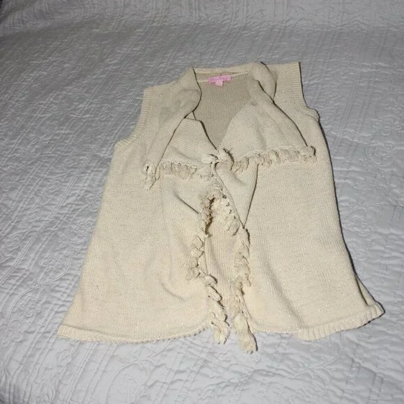 Lilly Pulitzer Girls Mini Abbott Cream Gold Sweater Vest Tassels Size L 8/10