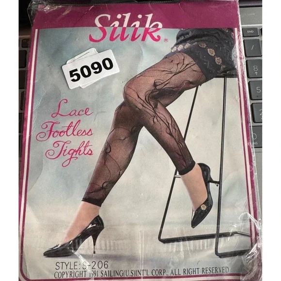 Vintage Silik Womens Lace Footless Tights Large White Floral Mesh Leggings 90s