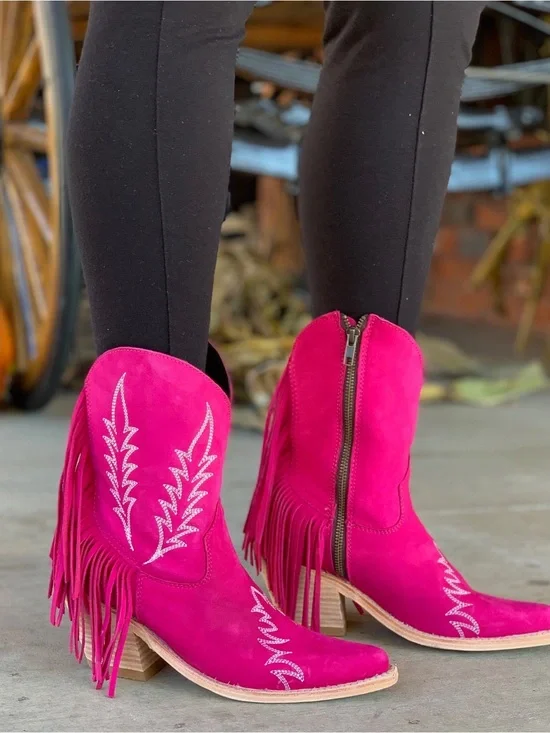 LIBERTY Black Hot Pink Suede Fringe Western Ankle Boots