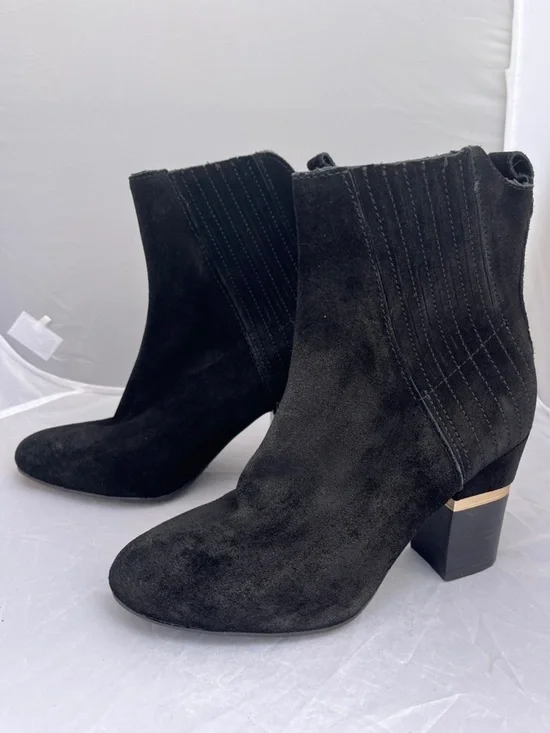 Lucca Lane Black Suede Ankle Boots Gold Hardware Accent Heel - Size 7
