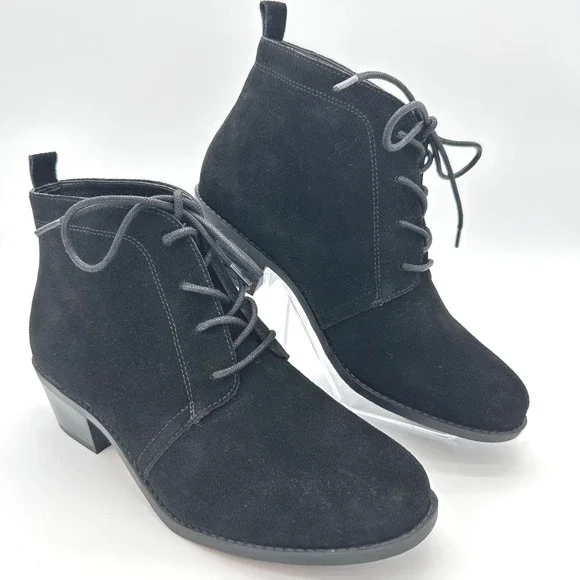 Vionic Andi Black Suede Lace Up‎ Ankle Booties Women's Size 7.5