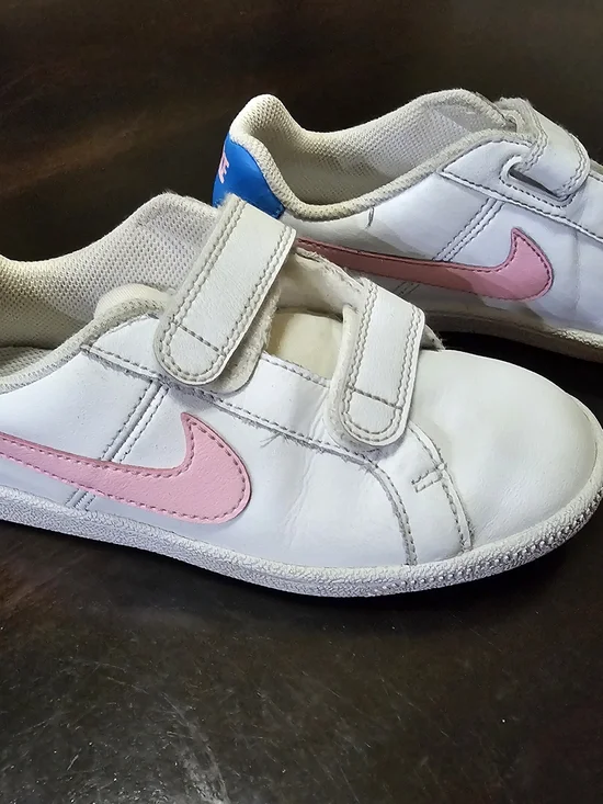 Nike Kids White Sneakers with Pink Swoosh and Velcro Straps