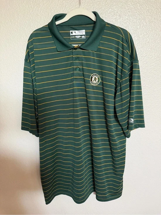 Oakland Athletics A’s Polo Shirt Men’s XL Green Gold Striped MLB Performance
