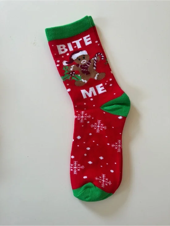 Red Christmas 'Bite Me' Gingerbread Sock with Green Accents