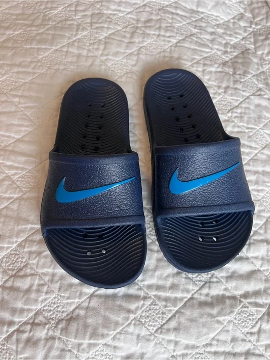 Nike Dark Blue Slide Sandals with Light Blue Swoosh