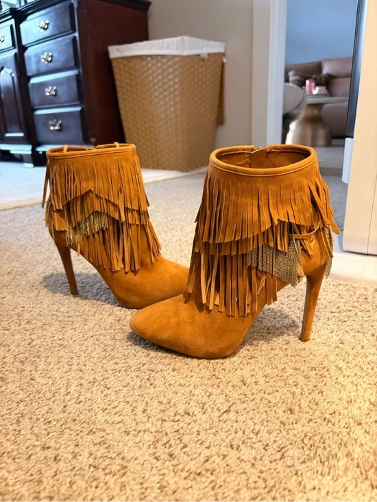 Gianni Bini Brown Suede Fringe High Heel Ankle Booties with Gold Chains