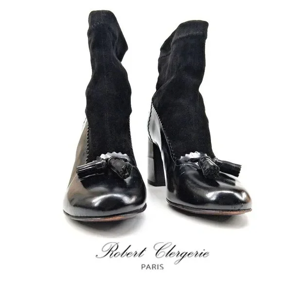 Robert Clergerie Paris Black Leather Sock Boot Heels Tassel Scallop Y2K SZ 7