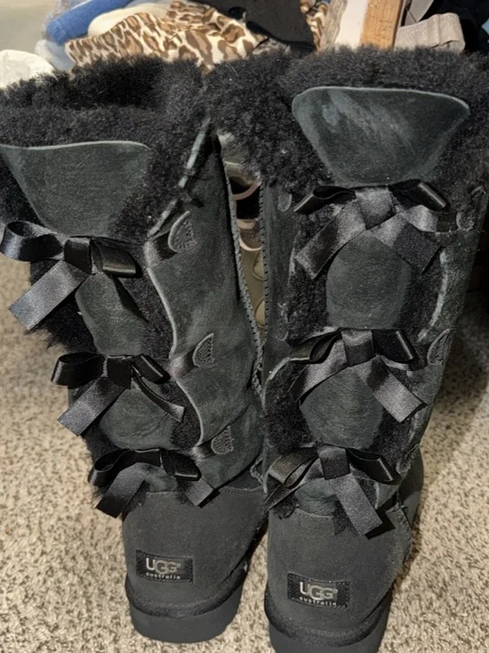 UGG Black Tall Satin Bow Back Shearling Boots