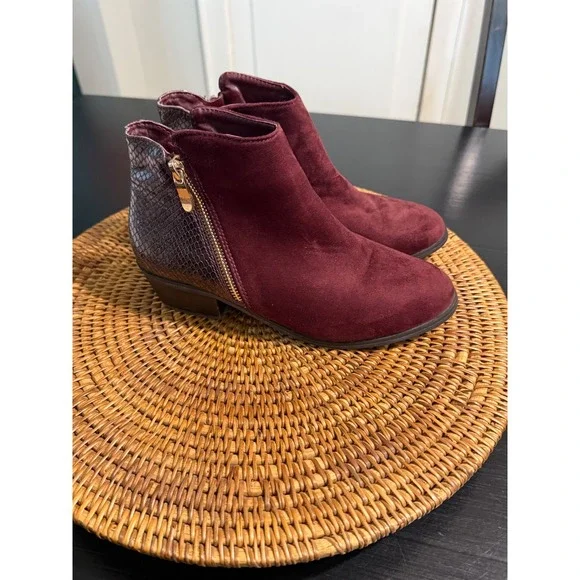 GC Shoes Keller Burgundy Suede Snakeskin Ankle Boots Womens 7 Low Block Heel