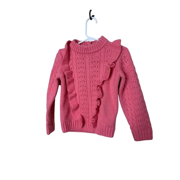 Janie and Jack Girls Pink Cable Knit Ruffle‎ Front Sweater Size 3 Toddler Winter
