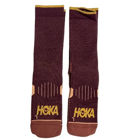 Hoka Athletic Socks Crew Length Brown Medium Moisture Wicking 2 Pair Athletic