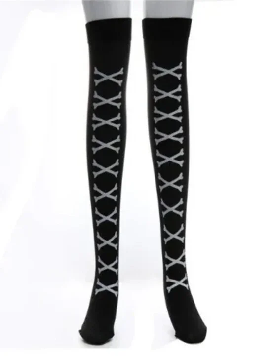 Black With White Crossbones Thigh-High Socks