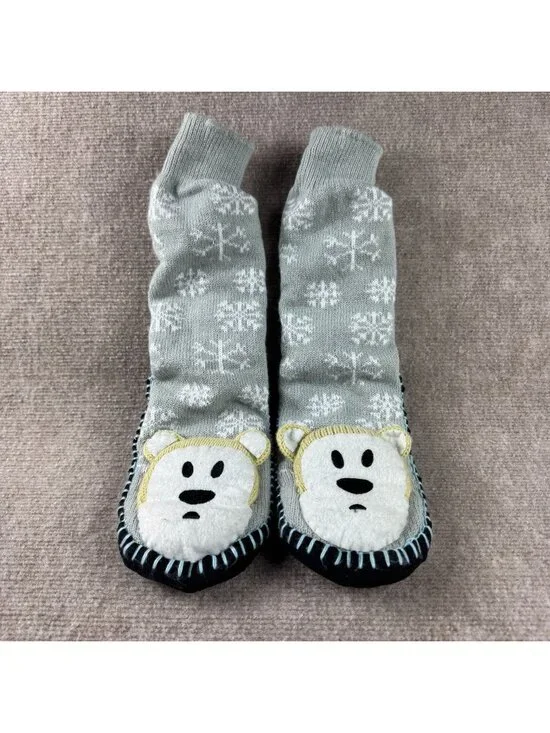 Vintage Y2K Polar Bear Slipper Socks Size S M Grey Snowflake Grip Sole Moccasins