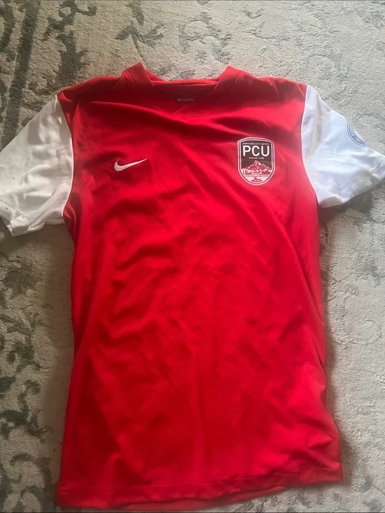 Nike Red and White Kids Soccer Jersey with PCU Crest