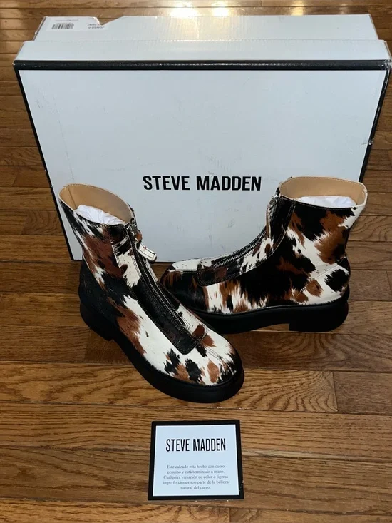 Steve Madden Jones Bootie Black, Brown & White Cow Print Calf Hair Women’s 6