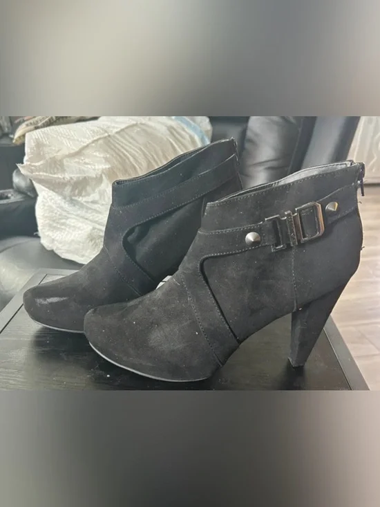 Women’s Black Suede Ankle Boots with Buckle Detail